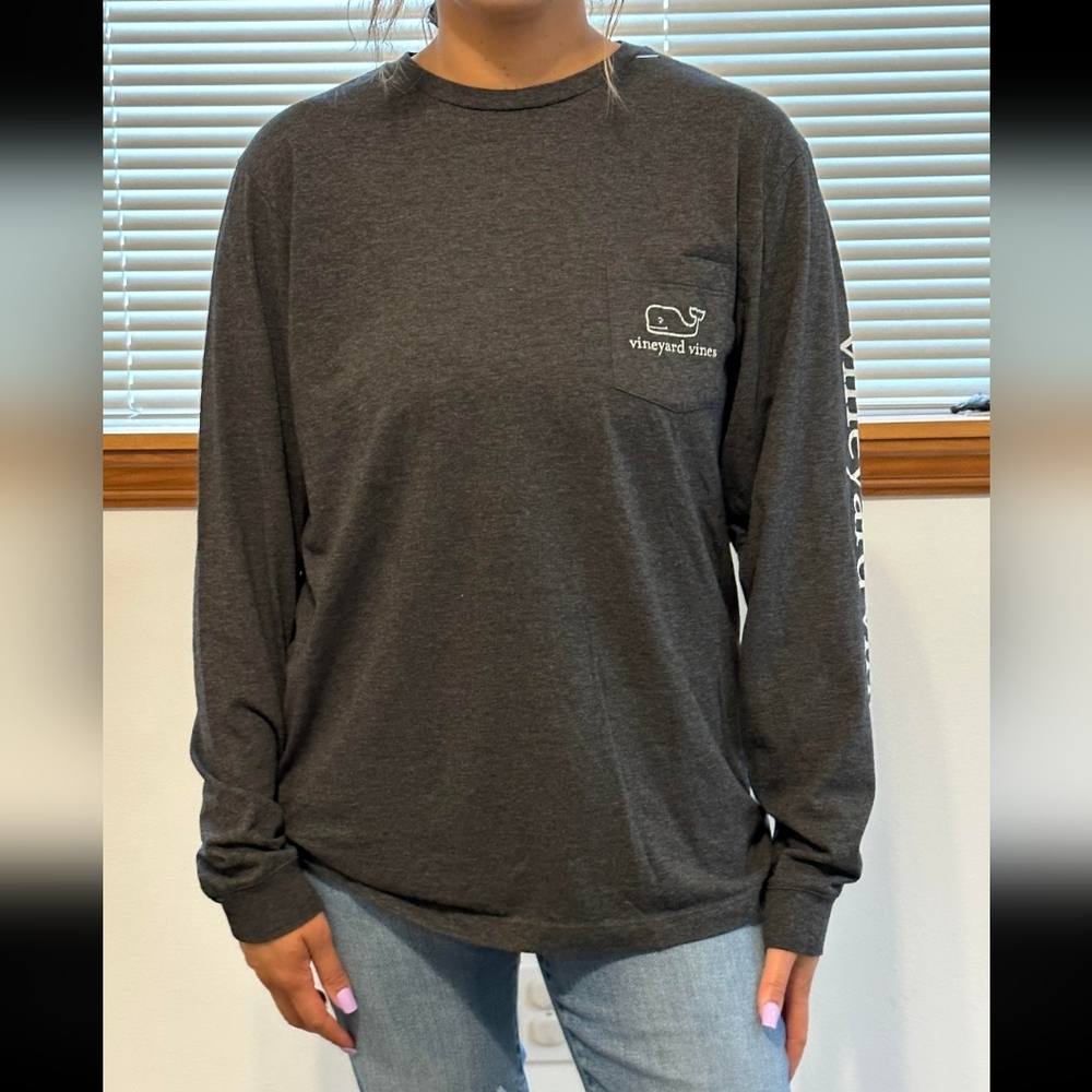Vineyard Vines Gray Long Sleeve Pocket Tee Whale Logo